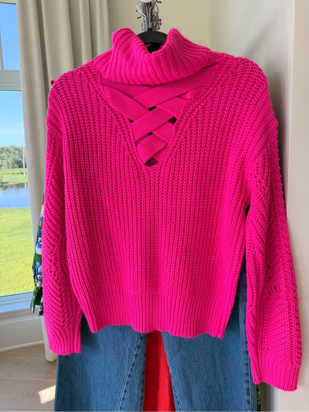 Skies Are Blue Hot Pink Crisscross Turtleneck Sweater